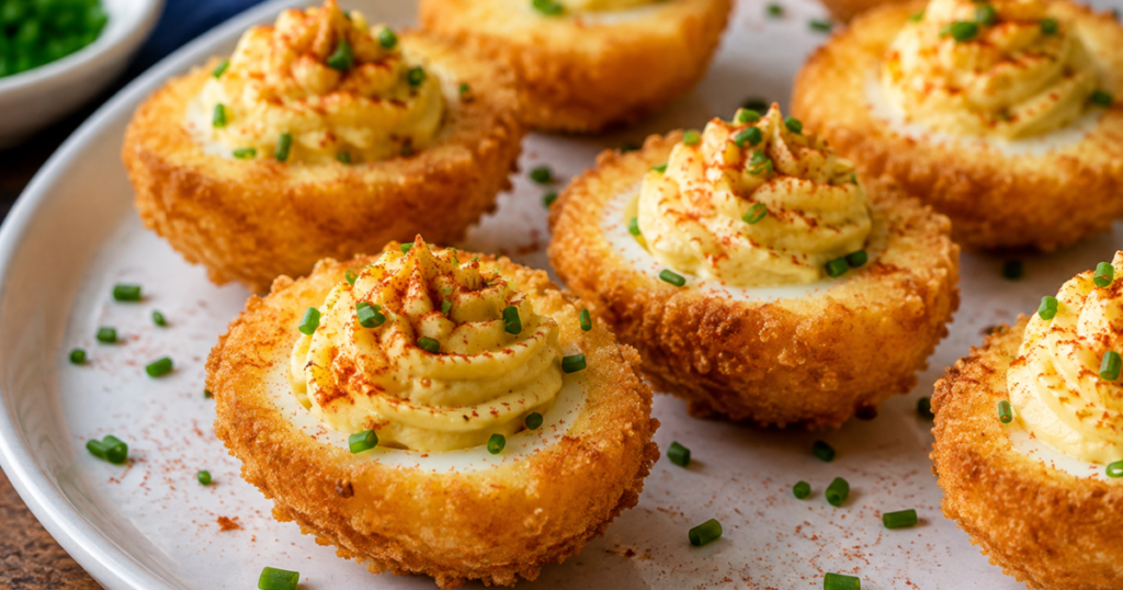 Fried deviled eggs with a crispy panko-Parmesan coating, creamy filling, paprika, and fresh chives